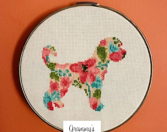 Goldendoodle dog, floral wall art, modern cross stitch, groodle, silhouette, mans best friend, fun home decor