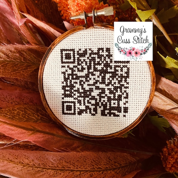 Rickroll QR code, modern cross stitch, wall hanging, subversive cross stitch