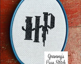 H P initials cross stitch, modern cross stitch, magic wall hanging, fun wall decor, wizard decor