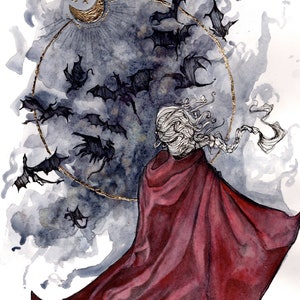 We Are the Thirteen, Manon Blackbeak and The Thirteen on wyvern ink and watercolor illustration digital print