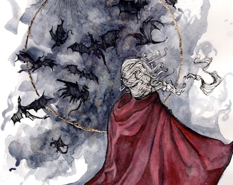 We Are the Thirteen, Manon Blackbeak and The Thirteen on wyvern ink and watercolor illustration digital print