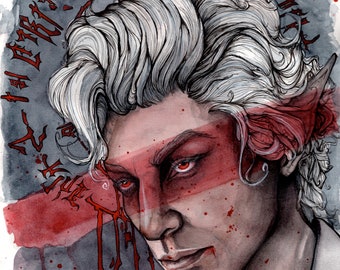 Astarion Baldur's Gate 3 Print, Pale Elf Vampire Watercolor Portrait