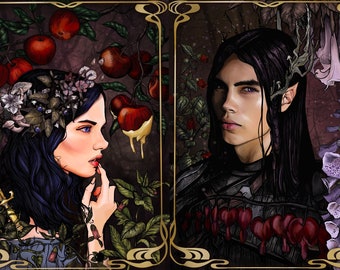 May include: A digital painting of two people with dark hair and blue eyes. The woman on the left is wearing a floral crown and a blue dress. The man on the right is wearing a dark shirt and a crown of thorns. Both are surrounded by flowers and plants.