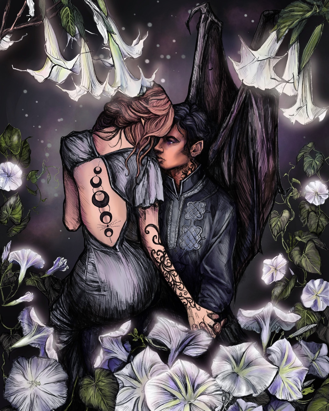 Feyre and Rhysand Color Illustration From the ACOTAR Series by Sarah J