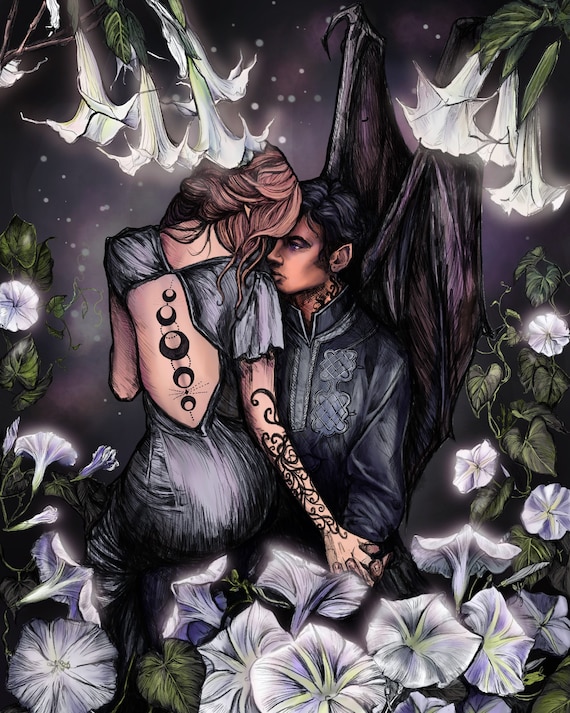 Feyre and Rhysand Color Illustration From the ACOTAR Series by