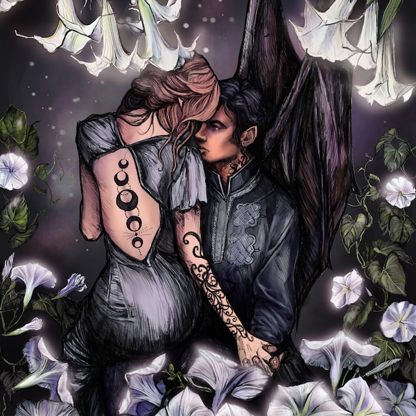 Feyre and Rhysand color illustration from the ACOTAR series by Sarah J Maas