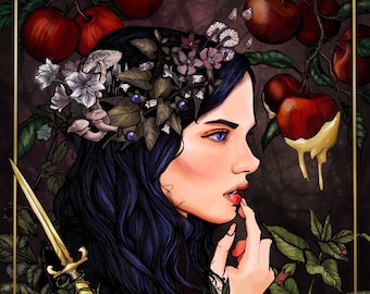 May include: A woman with long blue hair wears a crown of white flowers and berries. She is surrounded by a dark green leafy background with red apples and a golden dagger. The woman is looking to the right and has her finger to her lips.