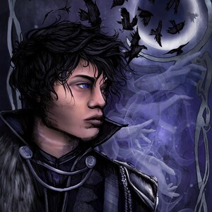 May include: A man with dark hair and blue eyes is wearing a black jacket with silver accents. He is standing in front of a dark background with a crescent moon and a flock of black birds flying around it. The background is also filled with faint, ethereal hands.