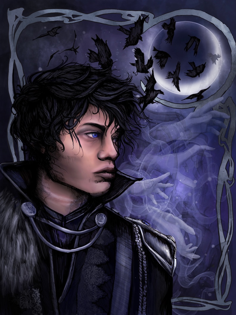 May include: A man with dark hair and blue eyes is wearing a black jacket with silver accents. He is standing in front of a dark background with a crescent moon and a flock of black birds flying around it. The background is also filled with faint, ethereal hands.