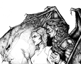 Ink Version of Nessian Illustration: Nesta and Cassian from A Court of Silver Flames from the Court of Thorns and Roses Series