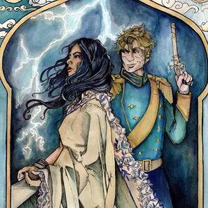 Puede incluir: Una pintura de acuarela de una mujer y un hombre de pie en una puerta. La mujer lleva una túnica blanca y azul y tiene el pelo largo y oscuro. El hombre lleva un uniforme azul con ribetes dorados y sostiene una pistola. El fondo es un cielo tormentoso con rayos.