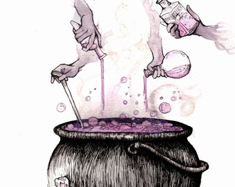 Spooky Apothecary Art Print: Iridescent Watercolor Cauldron (8.5x11)