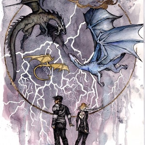 Fourth Wing Illustration Digital Print of Xaden Riorson Violet Sorrengail and their dragons Sgaeyl Tairn and Andarna by Rebecca Yarros