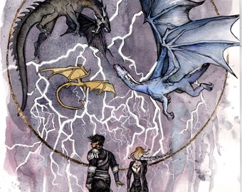 Fourth Wing Illustration Digital Print of Xaden Riorson Violet Sorrengail and their dragons Sgaeyl Tairn and Andarna by Rebecca Yarros