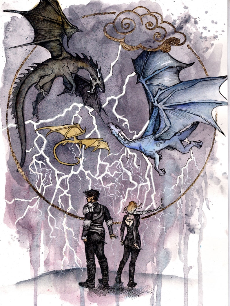 Fourth Wing Illustration Digital Print of Xaden Riorson Violet Sorrengail and their dragons Sgaeyl Tairn and Andarna by Rebecca Yarros image 1