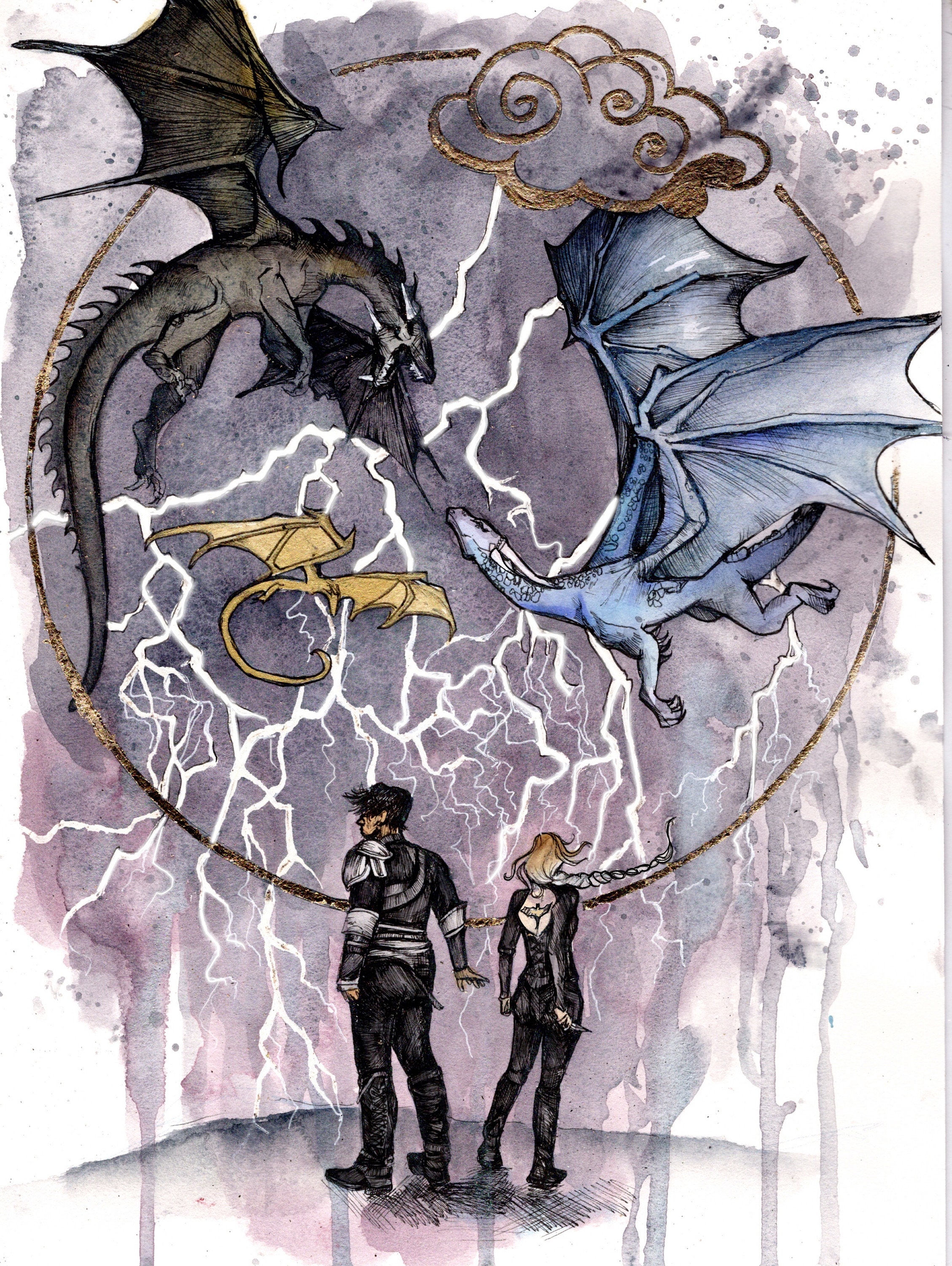 Fourth Wing Illustration: Xaden, Violet & Dragons - Signed Art Print (9x12)