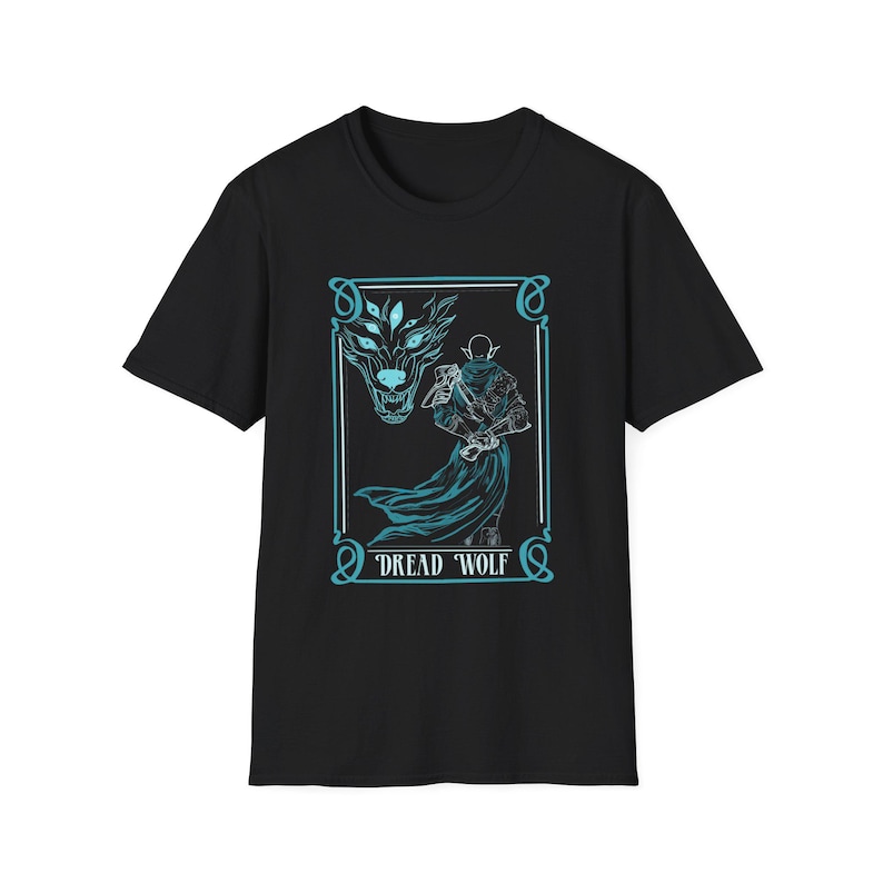 May include: Black t-shirt with a blue and white graphic of a wolf and a figure with a sword. The graphic is in a frame with the text "Dread Wolf".