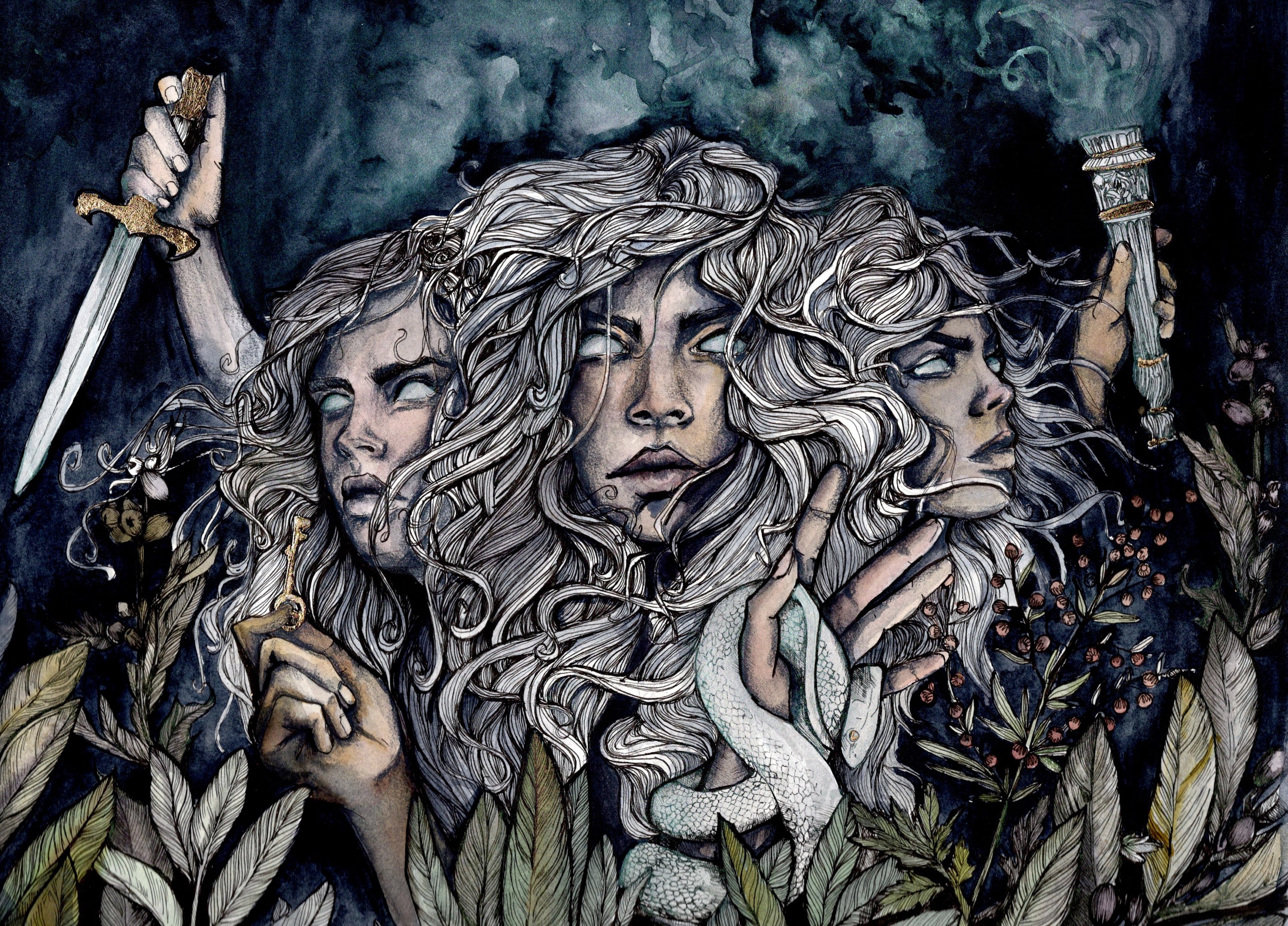 Hecate Greek Goddess of Witchcraft ink watercolor and gold leaf illustration