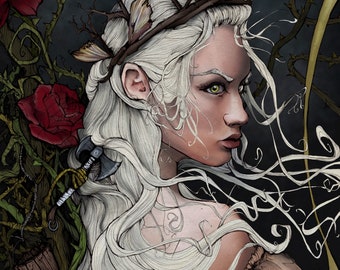 May include: A woman with long white hair wearing a crown of thorns and butterflies. She has a serious expression on her face and is looking to the right. The background is dark and features a rose bush with red roses.