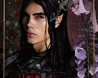 May include: A portrait of a person with long dark hair and purple eyes. They are wearing a dark garment with a floral design. The flowers are red, purple, and white.