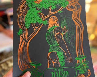 The Druid Halsin from Baldurs Gate 3 BG3 Handmade green and bronze Foil Print