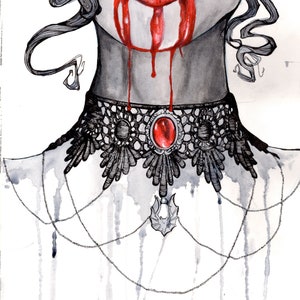ORIGINAL: Vampire Girl ink and watercolor illustration