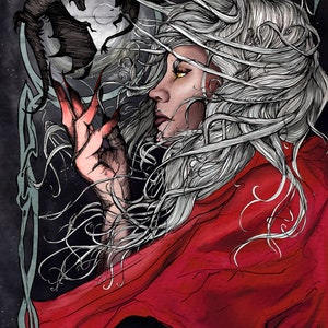 May include: A woman with long white hair and a red cloak holds a black dragon in her hand. The background is a dark night sky with stars and a crescent moon.