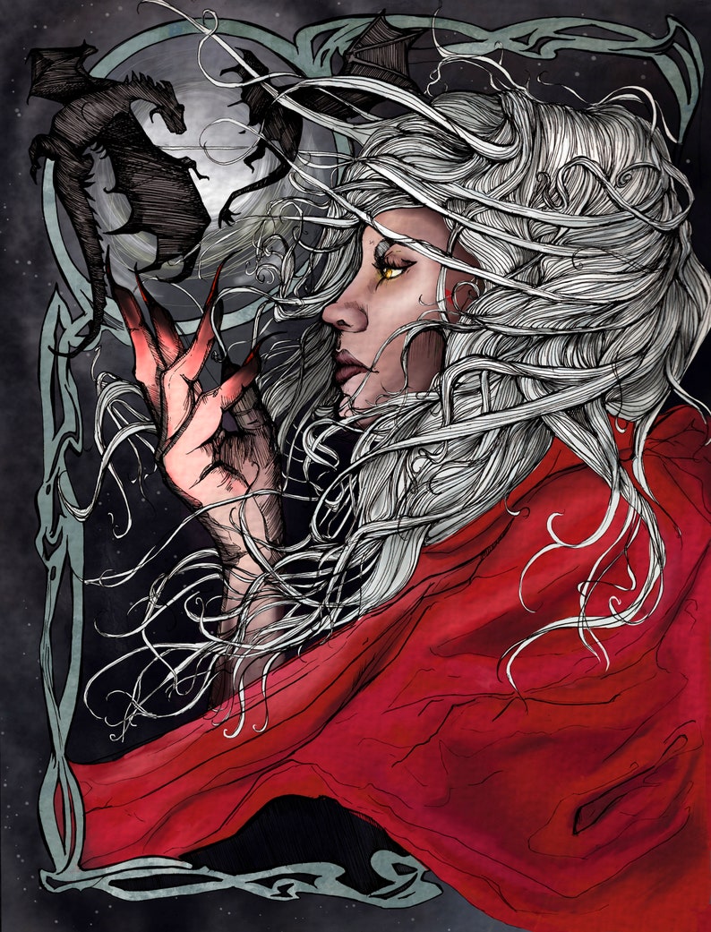 May include: A woman with long white hair and a red cloak holds a black dragon in her hand. The background is a dark night sky with stars and a crescent moon.