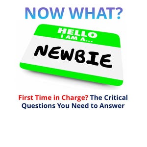 以下が含まれることがあります： 緑色の縁取りと太字の黒い文字で「NEWBIE」という単語が書かれた白いネームタグ。 「HELLO I AM A...」というテキストは「NEWBIE」という単語の上にあります。 「NOW WHAT?」という言葉が一番上にあり、ネームタグの下には「First Time in Charge? The Critical Questions You Need to Answer」というテキストがあります。