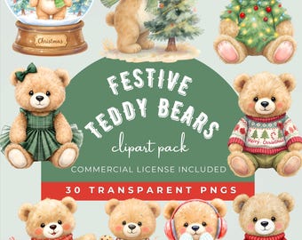 Festive Teddy Bears Clipart: Christmas PNG Graphics (Digital Download)