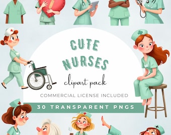 Cute Quirky Nurses Clipart Pack, Fun Medical Cartoon Characters, Nurse PNG Illustrations,  Commercial Use Funny Nurse Clipart