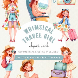 Whimsical Travel Girl Summer Clipart Tourism Vacation PNG Graphics, Suitcase, Airplane, Luggage, Travel Planner, Commercial Use