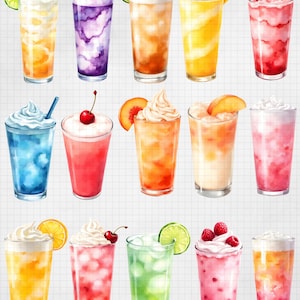 May include: Watercolor illustration of various colorful beverages in tall glasses. Each drink is topped with whipped cream and garnished with fruit like blueberries, strawberries, and lime slices. The drinks are in shades of orange, purple, red, and yellow.
