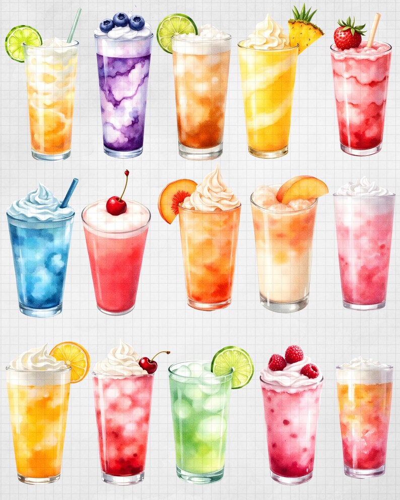 May include: Watercolor illustration of various colorful beverages in tall glasses. Each drink is topped with whipped cream and garnished with fruit like blueberries, strawberries, and lime slices. The drinks are in shades of orange, purple, red, and yellow.