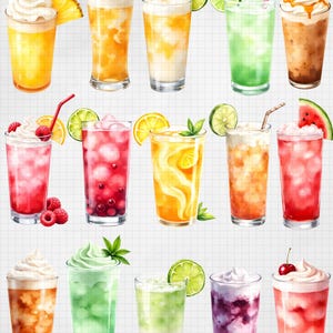 May include: A collection of twelve colorful, refreshing beverages in tall glasses. Each drink features a unique combination of fruits, whipped cream, and garnishes like lime slices, pineapple, and cherries. The drinks are arranged on a grid background.