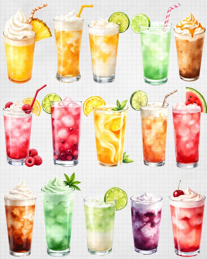 May include: A collection of twelve colorful, refreshing beverages in tall glasses. Each drink features a unique combination of fruits, whipped cream, and garnishes like lime slices, pineapple, and cherries. The drinks are arranged on a grid background.