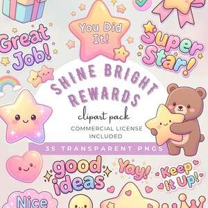 May include: A set of cartoon reward graphics in pastel colours. Includes stars, hearts, a gift box, and phrases such as "Awesome!", "Great Job!", and "You Did It!" The words "Shine Bright Rewards" are also present.