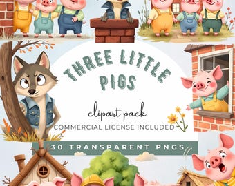 Three Little Pigs Clipart, Big Bad Wolf PNG, Fairytale Animals and Houses Set, Cute Storybook Nursery Illustrations, Commercial Use