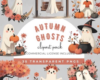 Clipart de fantasma boho de outono, imagens de fantasma vintage de outono, imagens PNG de fantasma, abóbora e flor de outono, gráficos para diário de sucata de Halloween