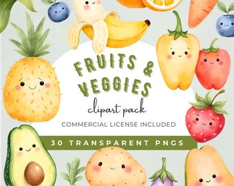 Kawaii Fruits and Vegetables Clipart Bundle, Watercolor Food Characters, Commercial Use PNG, Commercial Use, Digital Download
