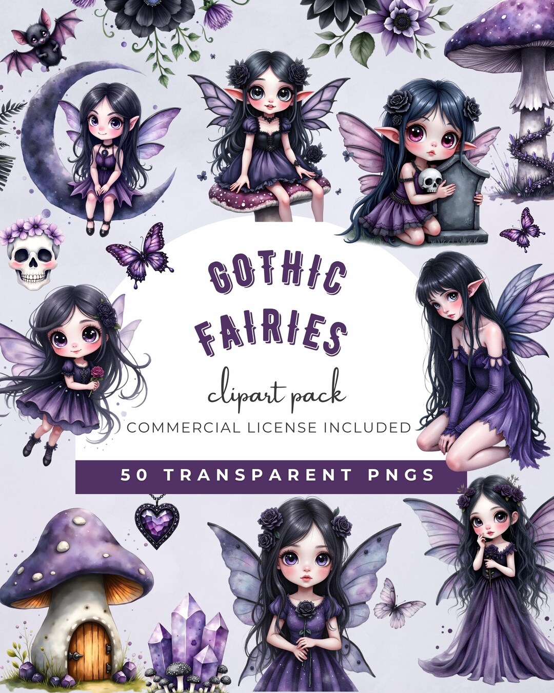 Gothic Fairy Watercolor Clipart Bundle: Dark Fantasy PNG Designs ...