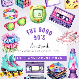 May include: A collection of watercolor illustrations featuring 90s-themed items. Includes a Rubik's cube, roller skates, a cassette tape, a boombox, a Tamagotchi, and the text "THE GOOD 90'S clipart pack".