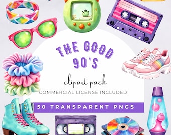 90s Elements Clipart, Watercolor Retro 90s Clipart, 90's Retro Vibes, Nineties Nostalgia, Neon 1990 Theme Party, Commercial Use