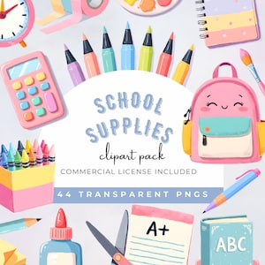 Cute School Supplies Clipart Bundle PNG,Pastel Back to School, Planner Stickers, Teacher Printable Classroom Decor, 44 files Commercial Use