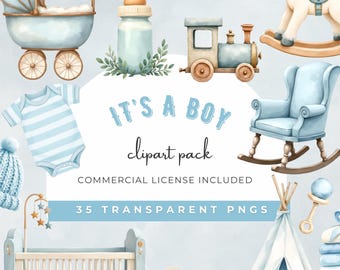 It's a Boy Watercolor Clipart, Baby Boy Nursery Clipart, Baby Shower Png, Crib, Stroller, Baby Clothes Teddy Bear, Baby Blue, Commercial Use