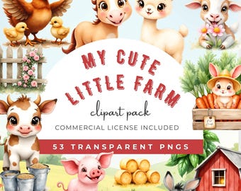 Cute Farm Clipart, Watercolor Farm Animals Png, Cottage Life PNG, Cow, Pig, Horse, Sheep, Barnyard, Commercial Use