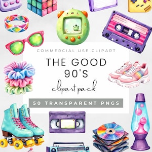 The Good jaren 90 clipartpakket 50 retro vibes png 300 dpi aquarel hoge resolutie commercieel gebruik