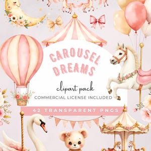 Może przedstawiać: Cyfrowy pakiet clipartów "Carousel Dreams" z ilustracjami konia z karuzeli, balonu na ogrzane powietrze, łabędzia, misia i księżyca. Kolory to różowy i kremowy. Pakiet zawiera 42 przezroczyste pliki PNG, idealne do projektów cyfrowych.