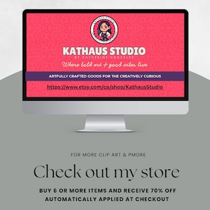 May include: A computer monitor displays the Kathaus Studio logo, featuring a cartoon woman and the text "Kathaus Studio by Katherine Gonzalez." Below, it reads "Where bold art + good vibes live." The Etsy shop URL is also visible.
