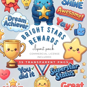 May include: A vibrant collection of cartoon clipart with a bright stars and rewards theme. Features a blue monster holding a star, a trophy, a medal, and text bubbles with phrases such as "Dream Achiever" and "Superstar Status".